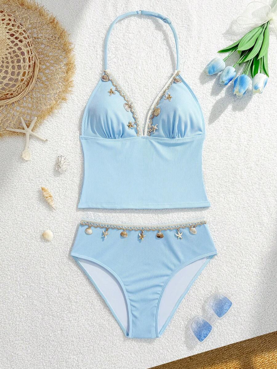 SHEIN Teen Girls' Tankini Set - Adjustable Spaghetti-Strap Sleeveless Bikini Top & Shell/Starfish Decor Triangle Bottoms, Blue Ribbed Fabric, 2pcs Swimsuit Summer Holiday - Blue - View 1