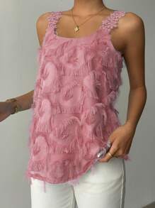 Rafferiza Top senza maniche casual ed elegante da donna in colore tinta unita, con fiori in pizzo e inserti in tessuto strutturato