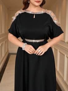 Gownix Curbat Plus Size Femei Albastru Elegant Auriu Strălucitor Paiete Splicing Talie Cinching A-Line Rochie Lungă,Rochie Neagră Femei,Tinute de ieșire,Rochii maxi pentru femei,Rochie maxi elegantă,Rochie fără umăr,Rochie elegantă pentru nuntă,Rochii de primăvară/vară pentru femei,Tinute de vacanță femei