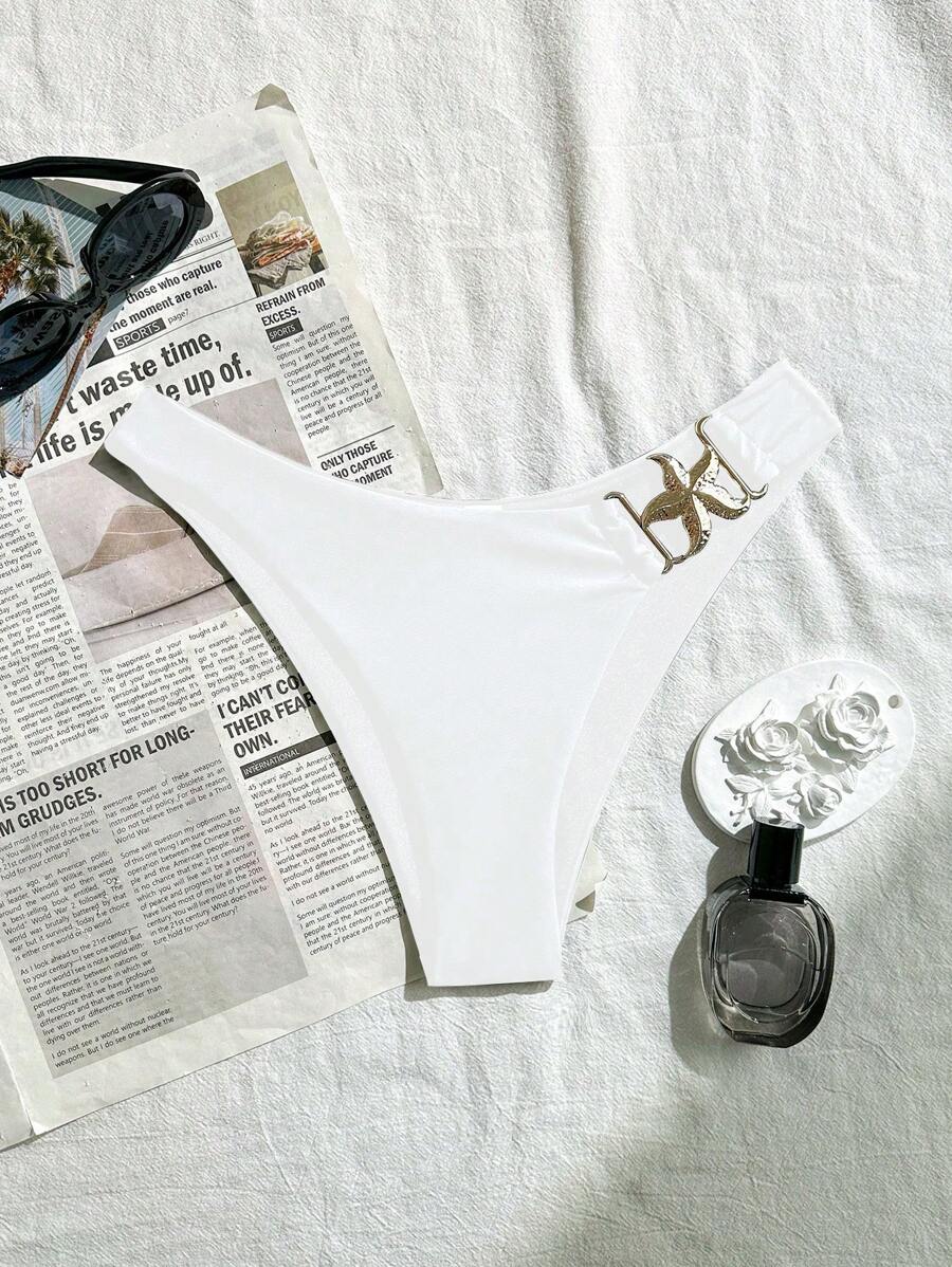 Swim Mod Women Solid Color Bikini Bottom With Starfish Side Decor, Elegant Beach