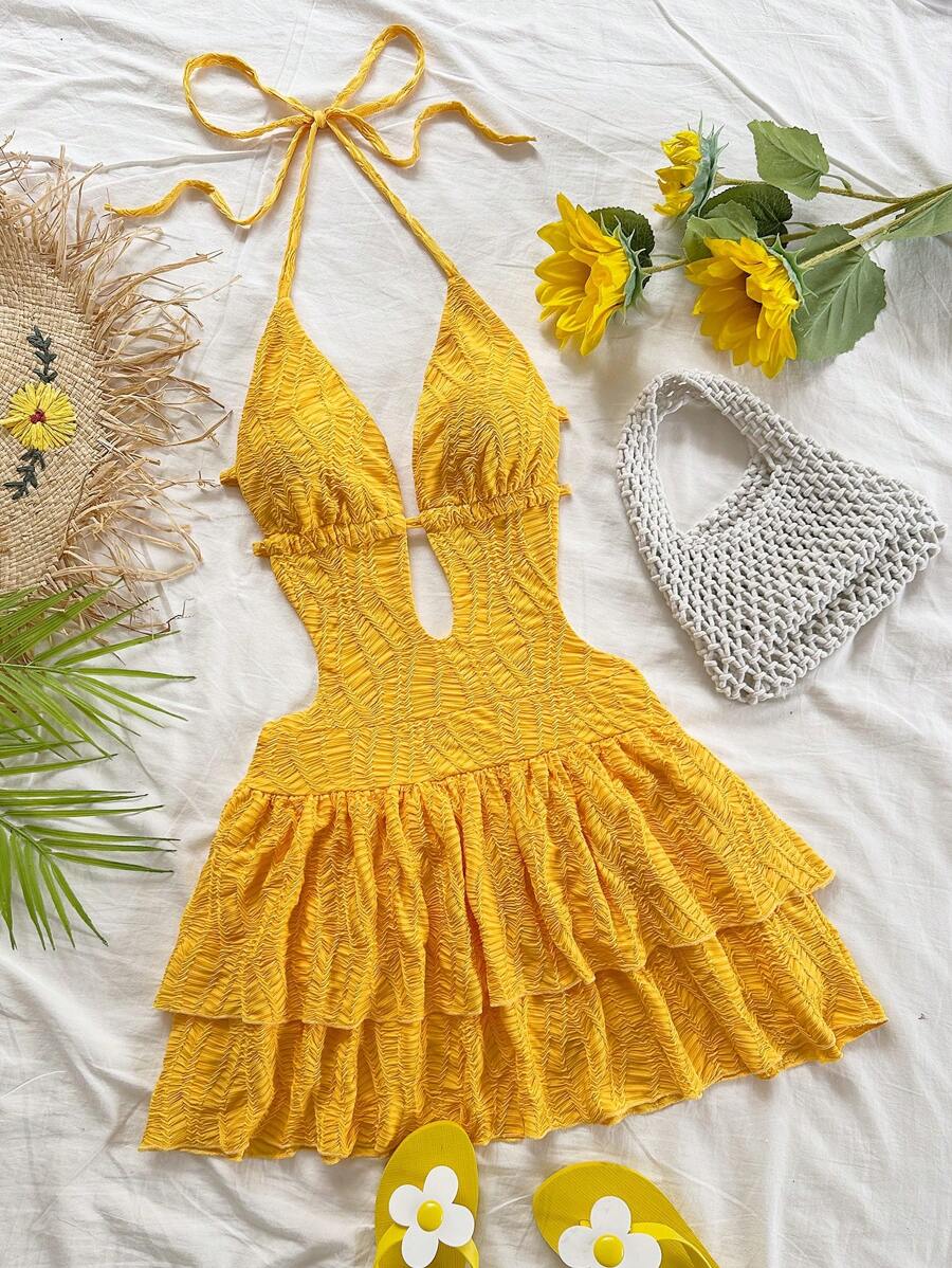 Soleia Women's Yellow Summer Boho Holiday Vacation Textured Deep V-Neck Backless Tied Bow Ruffle Hem Mini Dress, Beach Sundress For Party&Wedding Season - Yellow - View 1