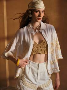 MOTF PREMIUM ÁO KHOÁC CẮT NÚT VẢI LANH THÊU - Màu be - Xem 1