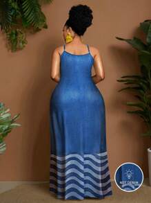 Maweii 大码女式数码牛仔印花长款修身露肩吊带连衣裙，性感少女风格 - 彩色 - 查看 3