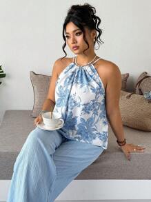 Breezaya Conjunto informal de 2 piezas para mujer de talla grande: blusa sin mangas con estampado en el cuello y pantalones largos de unicolor