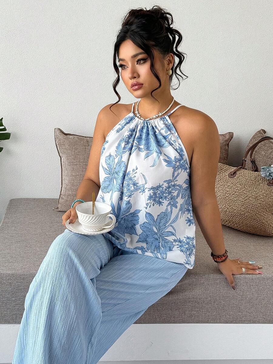 Breezaya Conjunto informal de 2 piezas para mujer de talla grande: blusa sin mangas con estampado en el cuello y pantalones largos de unicolor