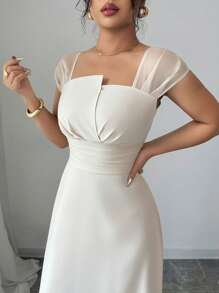 Selianne Đầm ôm body chắp vá tay lưới thường ngày cho nữ - Màu be - Xem 4