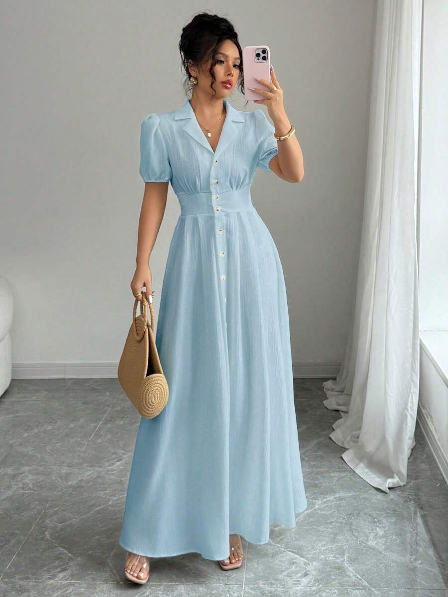 Elenzga Đầm sơ mi tay bồng cổ ve màu trơn mùa hè cỡ lớn cho nữ - Màu xanh lam - Xem 1