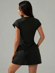 SHEIN PETITE Women's Summer Casual Solid Color Cinched Waist Short Sleeve Dress - Dark Grey - View 2