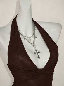 SHEIN ICON Women Casual Deep V-Neck Twist Halter Backless Camisole - Coffee Brown - View 10