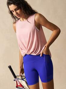 VARSITIE Women Casual Solid Color Mesh Panel Pocket Biker Workout Short , Summer