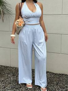 POPSWAY 2pcs/Set Fashionable Spaghetti Strap Backless Cami Top And Loose Straight Long Pants Suit - Baby Blue - View 1