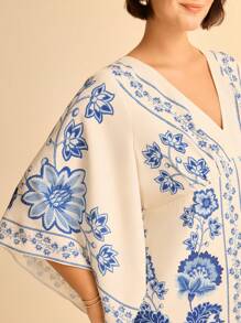 CAJUNI Damen Große Größen Boho tropisches Blumen Muster V-Ausschnitt Fledermaus Ärmel rückenfrei Lässig Sommer Maxikleid, Beige