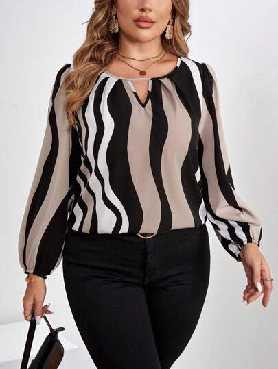 Chikora Asymmetrical Striped Color Block Print Plus Size Women Blouse For Elegant Daily Office Commute, Autumn Winter