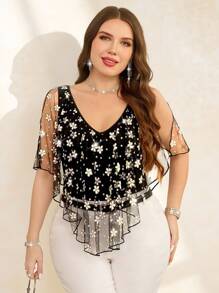 SHEIN Clasi قميص تي شيرت أنيق بطراز نقدي رجعي للعودة إلى المدرسة، مع رقعة زهرية، شبكي وتشطيب كشكش، طراز فرنسي فينتاج للسبعينات للعودة إلى المدرسة