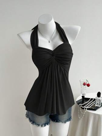 Comfortcana Damen lässiges schwarzes Trägertop mit verdrehtem Rückenausschnitt, Sommer