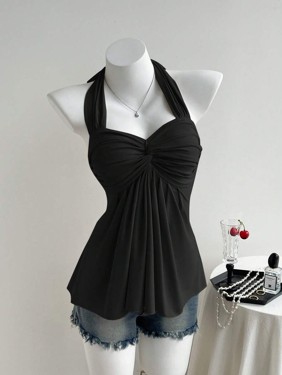 Comfortcana 女士休闲黑色扭纹背心，夏季 - 黑色 - 查看 1