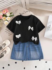 Girls Minimalist Black Short Sleeve T-Shirt & Denim Mini Skirt 2 Pieces Casual Set,3D Bow Decor Summer School Back-To-School Cowgirl Outfit - Multicolor - View 4