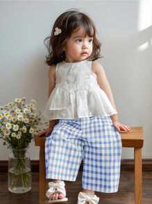 SHEIN LMoss Kids 女婴时尚夏季格子裤和刺绣上衣两件套，百搭 - 藍色 - 查看 1