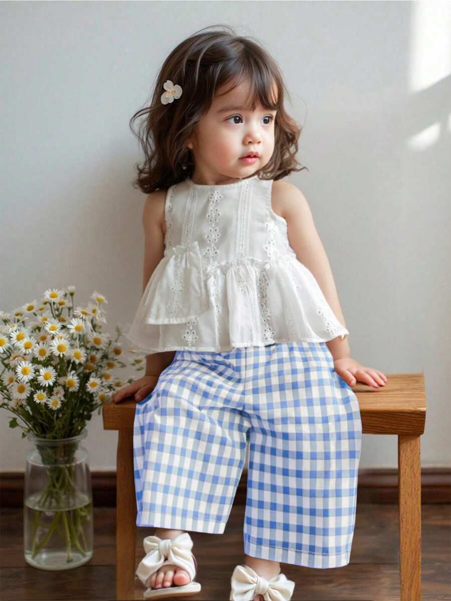 SHEIN LMoss Kids 女婴时尚夏季格子裤和刺绣上衣两件套,百搭 - 藍色 - 查看 1
