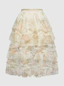 ROMWE Plus Size Women Retro Elegant Ruffled Organza Floral Print Skirt - Multicolor - View 1