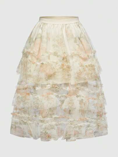 Plus Size Women Retro Elegant Ruffled Organza Floral Print Skirt