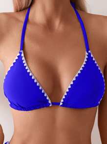 Swim Basics 女士黑色花卉装饰吊带比基尼上衣 - 寶藍色 - 查看 3