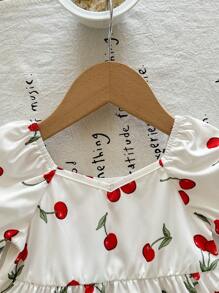 SHEIN LMoss Kids Babygirl Cute Cherry Print Loose Short Sleeve Casual Vacation Dress, Summer - White - View 5