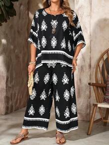 EMERY ROSE 大码复古休闲全印花圆领上衣和裤子两件套