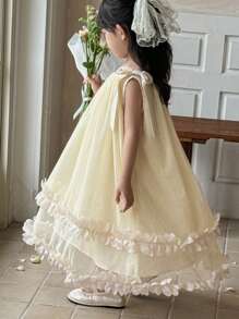 DAZY Young Girl Round Neck Bow Decor Elegant Birthday Party Sleeveless Mesh Dress, Girls Summer Outfits