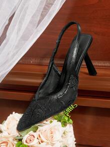 CUCCOO HITCHD 尖头蕾丝网眼优雅婚礼派对高跟露跟女鞋 - 黑色 - 查看 5