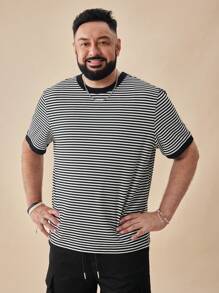 EASEVO Men's Knit Casual Daily Loose Striped Short Sleeve Oversized T-Shirt (Plus Size), Summer - Black - View 3