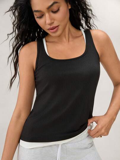 Hanevo Solid Color Women Sleeveless Casual Ribbed Tank Top, Summer Sportwear For Daily Wear