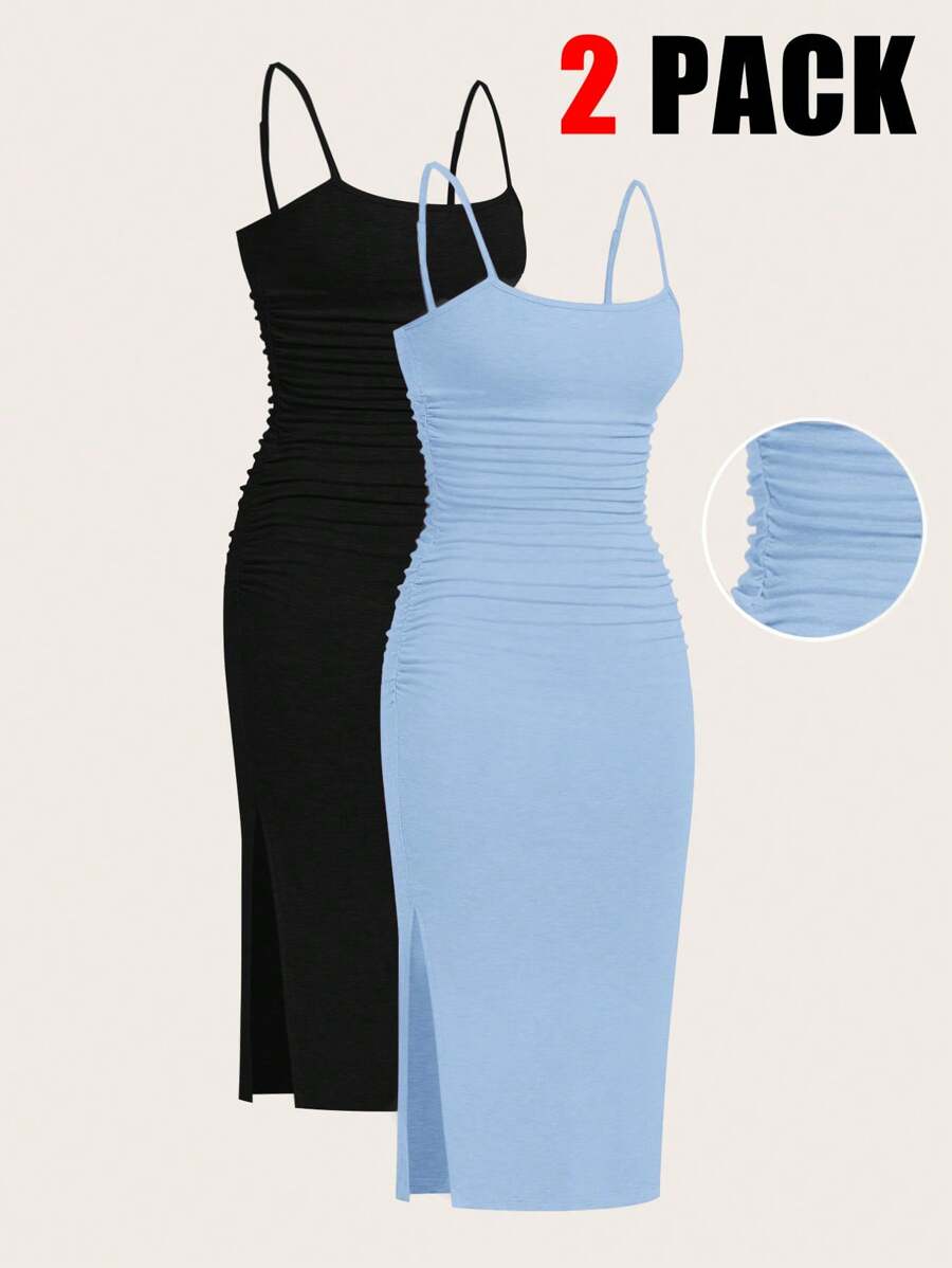 SHEIN EZwear 2pcs Women's Summer Knit Bodycon Camisole Dresses - Blue - View 1