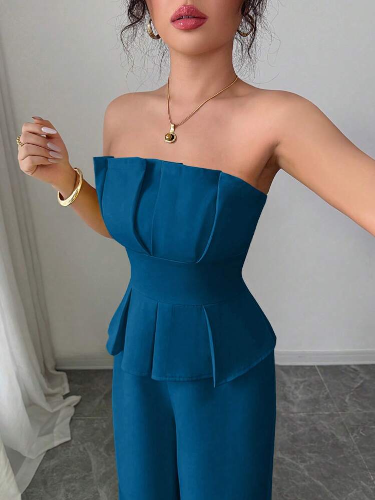 Elenzga Women's Solid Color Tie-Waist Wide Leg Pants, Elegant Straight Leg Overall For Commute, Work & Casual Wear - Teal Blue - View 5