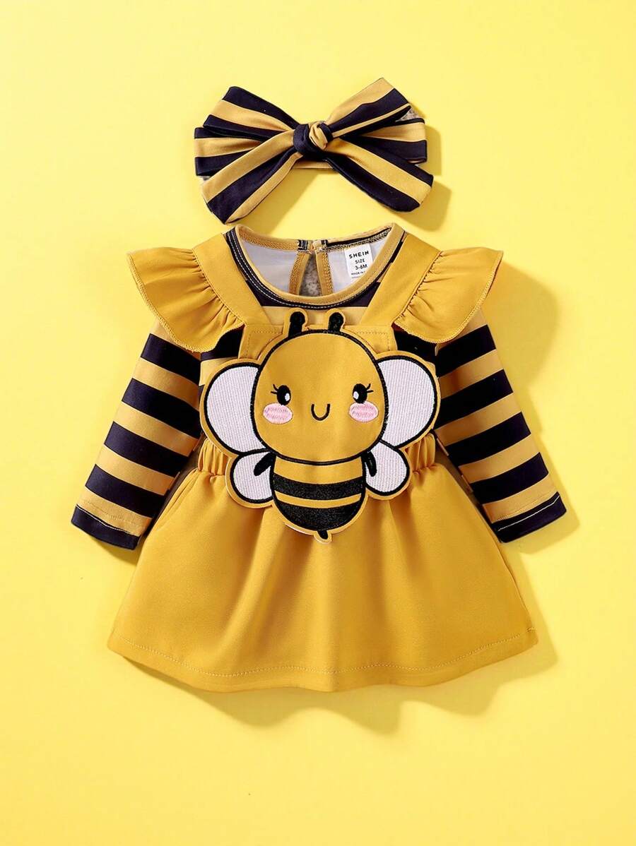 SHEIN Set Baju Terusan Bayi Perempuan Motif Garis-garis Lebah Lengan Panjang + Bordir Lebah - Kuning - View 1