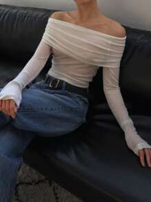 DAZY Women's Solid Color Ruched Off Shoulder Semi-Sheer Long Sleeve Blouse - White - View 1
