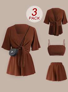 SHEIN LUNE Set da 3 pezzi taglie forti: Kimono marrone aperto, canottiera e pantaloncini - molteplici modi per indossarlo
