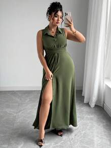 Elenzga Plus Size Women's Spring/Summer French Style Sophisticated Elegant Minimalist High-End Commuting Office Casual Vacation Afternoon Tea Solid Color Shirt Collar Open Front Button Closure Waist Crossed Tie 2 In 1 Sleeveless Shirt Dress Mid-Length Maxi Dress