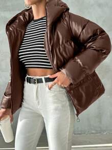 EURMUSE Women Solid Color Long Sleeve Zipper Collar Hoodie Jacket, Winter - Chocolate Brown - View 3