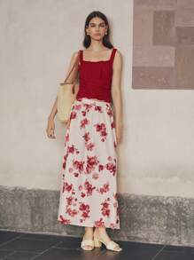 SHEIN Unity Rok A-Line Pinggang Tinggi Motif Bunga Gaya Liburan Kasual Wanita, Pakaian Musim Gugur untuk Wanita - Aprikot - View 5