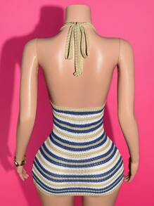 Slaydiva 2025夏季新款音乐节、复活节、圣帕特里克节、生日派对、毕业典礼、学生装、日常休闲、度假、邮轮旅行、海滩、日光浴、流行网络明星风格露背吊带针织拼色女式毛衣连衣裙 - 彩色 - 查看 2