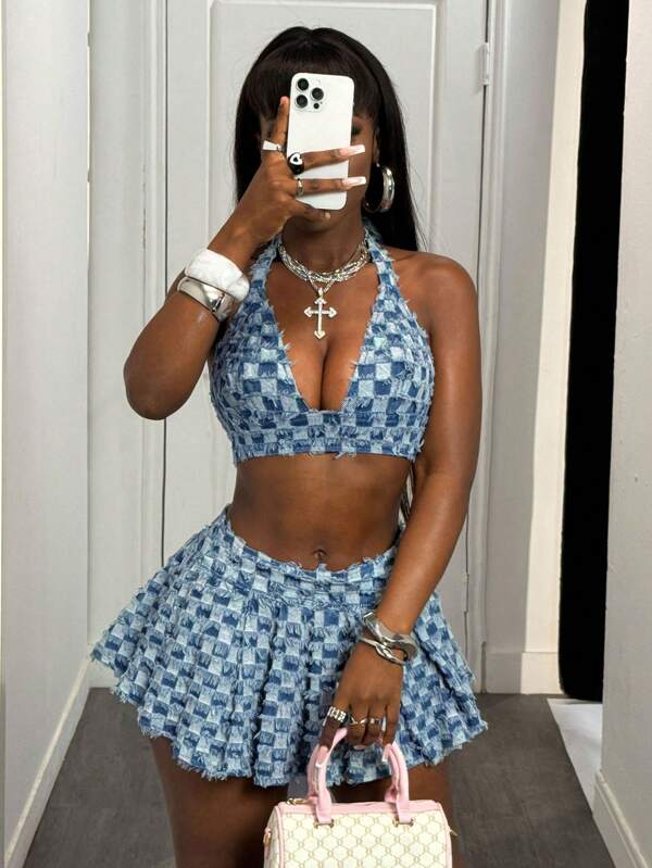 Slaydiva Women's Denim Halter Crop Top, Fitted & Sexy, Blue Summer Tops Tops Tube Top Tube Top Crop Tops Tops For Women Halter Top Crop Tops Women Off The Shoulder Top Going Out Tops Denim Top Beach Essentials