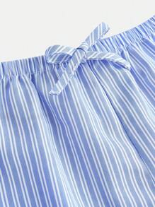 SHEIN 青少年女孩条纹低腰短裤夏季度假沙滩休闲短裤家居短裤 - 藍色 - 查看 3