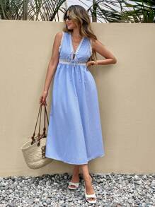 SHEIN Frenchy Women's French Sleeveless  Blue And White Striped Deep V-Neck Striped Lace Maxi Dress Daily Commuter Wear Dresses For Women Summer Outfits For Women Beach Outfits For Woman Vacation Outfits Woman Western Wear Women Work Summer Dresses Woman S Summer Clothes Fall Women Clothes 4th Of July Outfit Women  Teacher Outfits For Women