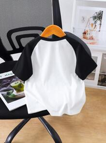 Girls Knit Raglan Black Round Neck Short Sleeve T-Shirt, Contrast White Letter Print, Suitable For Summer Daily Wear, Outings, Travel, And Parties - Black and White - View 2
