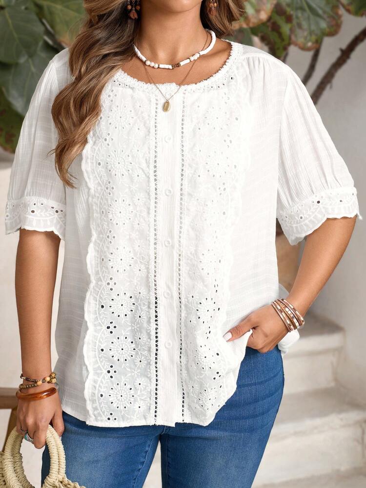 Country Style Short Sleeve Embroidery Lace Patchwork Button Front Plus Size Blouse, Spring/Summer Country Concert Country Women