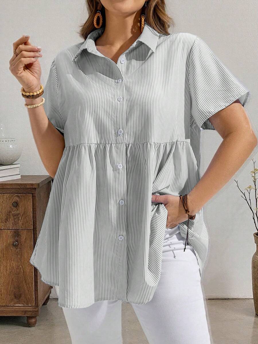 EMERY ROSE 大码休闲条纹衬衫，简约时尚，适合日常穿着、夏季穿着、送给母亲的礼物、波西米亚风、春假风、狂欢风、乡村风 - 淺灰色 - 查看 1