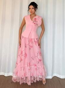 Elenzga Top elegante e romantico da donna con vita raccolta e decorazione floreale 3D, set di due pezzi con stampa floreale in rete, arricciato