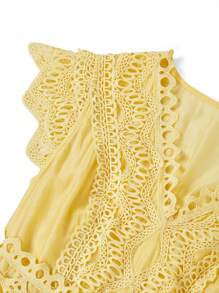 Ellevyn V 领蕾丝拼布扇形饰边，荷叶边腰部和喇叭袖，黄色优雅夏季海滩度假休闲连衣裙 - 黃色 - 查看 10