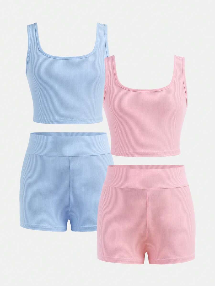 2pcs/Set Tween Girl Slim Fit Casual Round Neck Tank Top And Cycling Shorts Outfit - Baby Blue - View 1